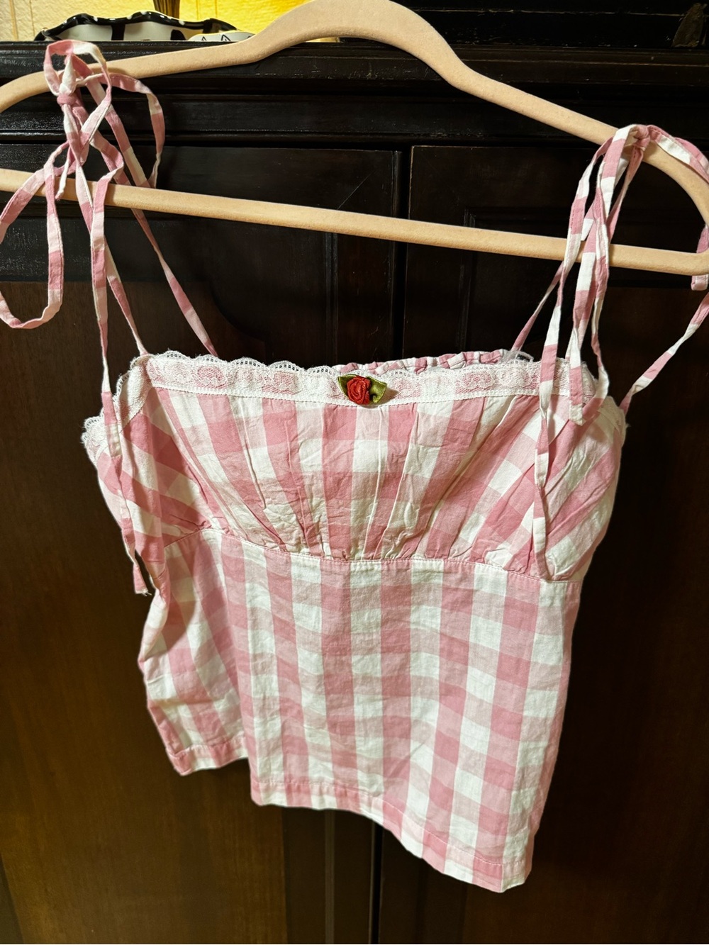 Urban Outfitters Pink and White Gingham Tie-Shoulder Cami